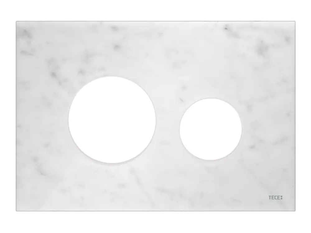 Weiße Blende aus Marmor für WC-Betätigungsplatte, mit zwei runden Öffnungen. TECE-Logo in der unteren rechten Ecke.